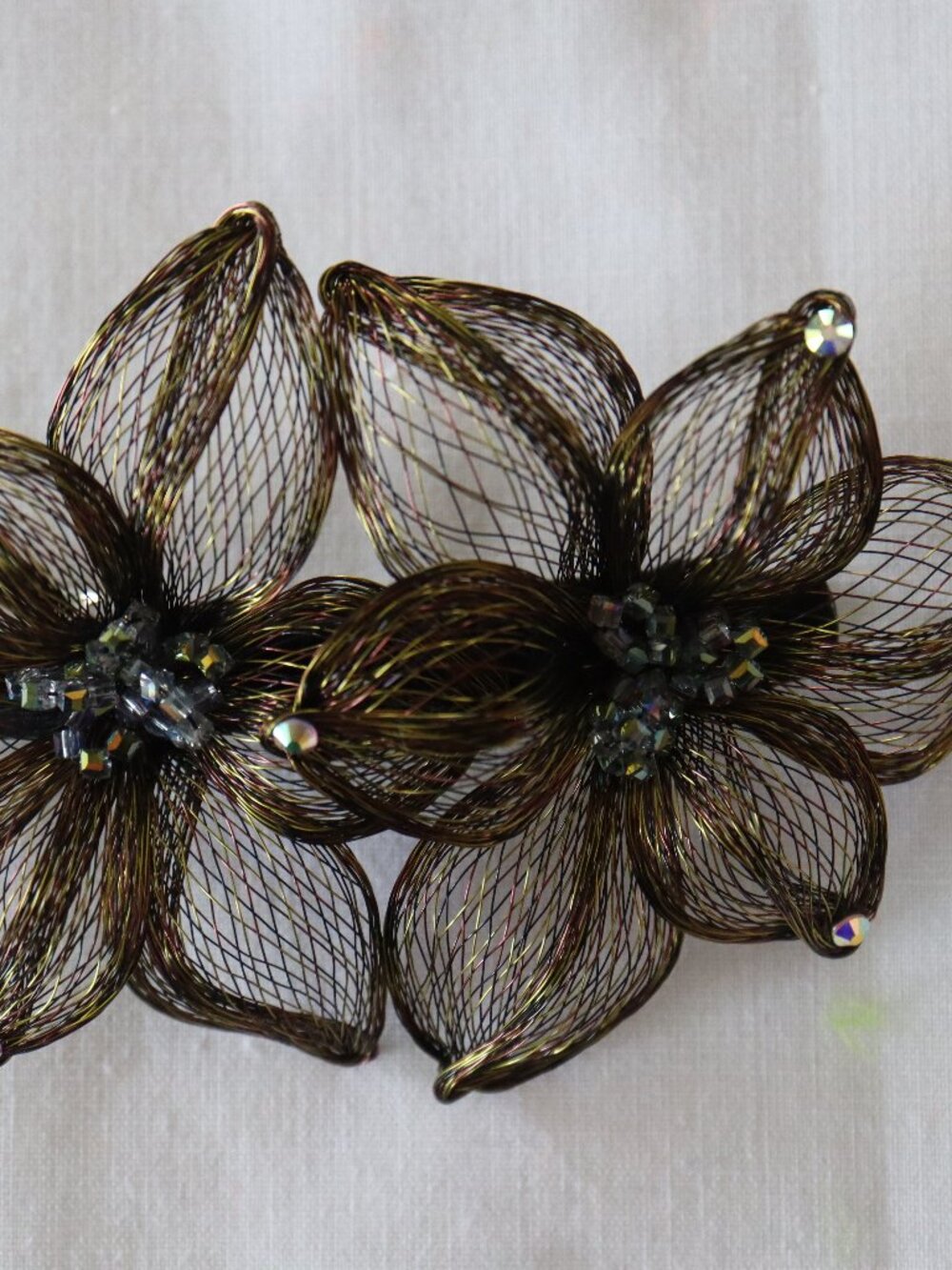 French Barrette Hand made Bronze copper mesh Rhinestones, glass beads 5" x 3"
